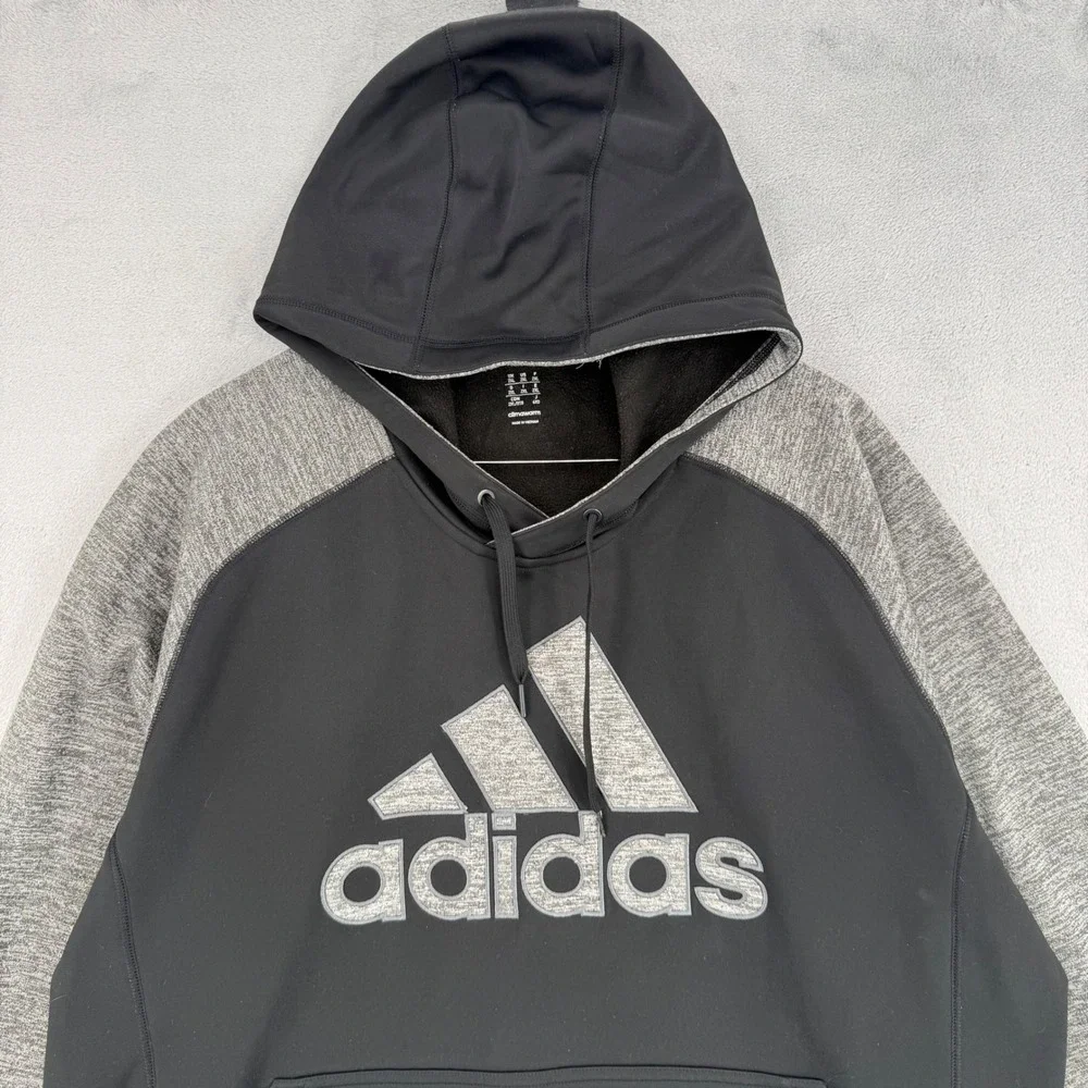Adidas Mens 2XL Climawarm Hoodie Black Grey Raglan Logo Pullover Sweatshirt